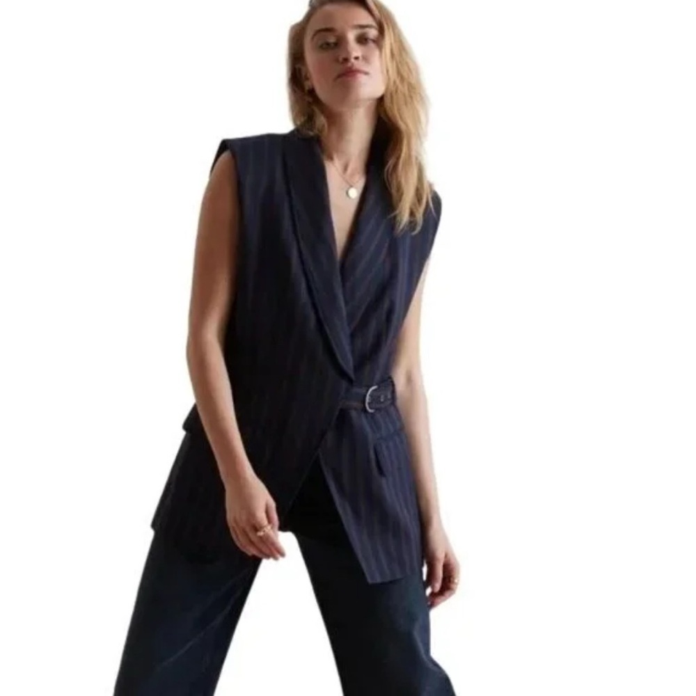 Anthropologie Navy Red Striped Side Buckle Vest Womens Size Small - Picture 3 of 7